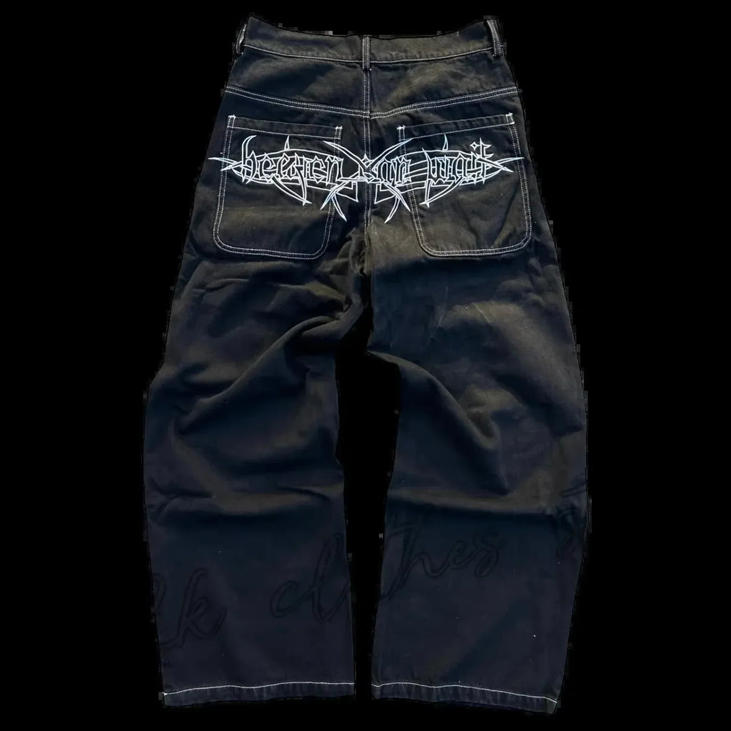 Vaqueros Vintage Y2K para hombre y mujer, ropa gótica de Hip Hop con bolsillo bordado, Vaqueros holgados Retro Azul, pantalones acampanados ajustados de cintura alta