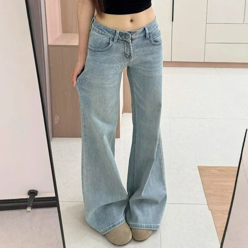 Ropa de calle femenina, pantalones vaqueros Retro de cintura baja, pantalones finos a la moda con parte inferior acampanada, pantalones vaqueros holgados coreanos para mujer