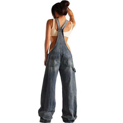 Monos vaqueros para mujer, monos sexys con espalda descubierta Vintage, Pantalones rectos de mezclilla de longitud completa, bolsillos sueltos, desgastados, lavados, informales