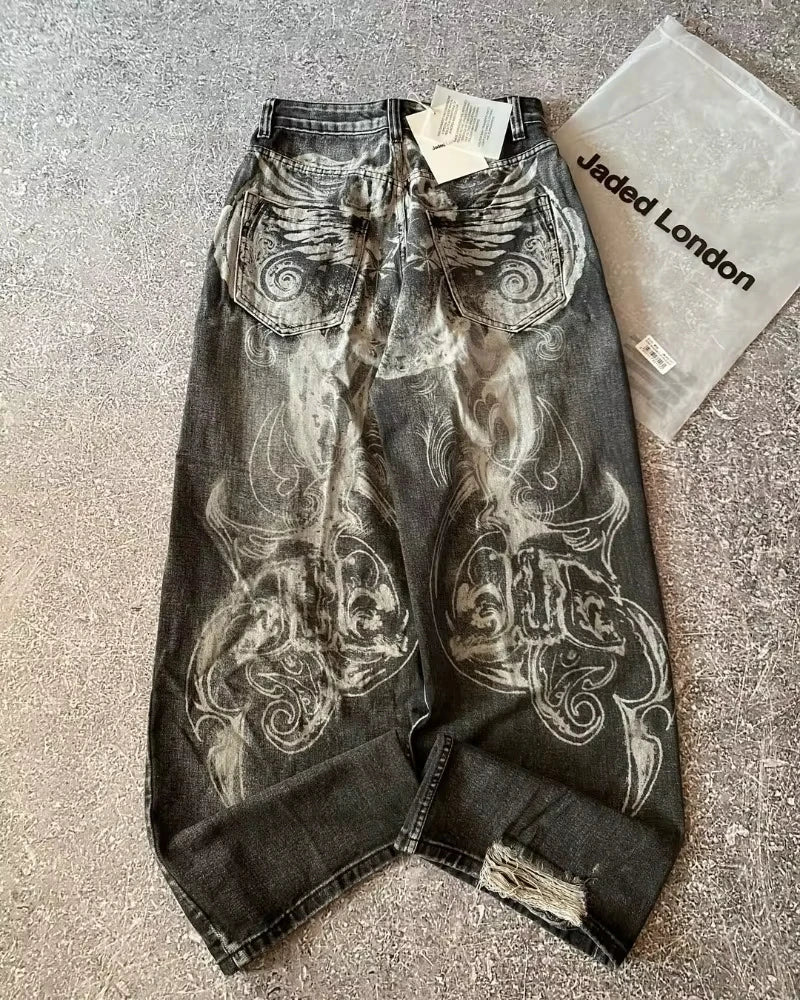 Ropa de calle, nueva moda, diseño grande, pantalones vaqueros holgados bordados para mujer Y2K Rock Hip Hop Retro Popular Casual, pantalones de pierna ancha de cintura alta