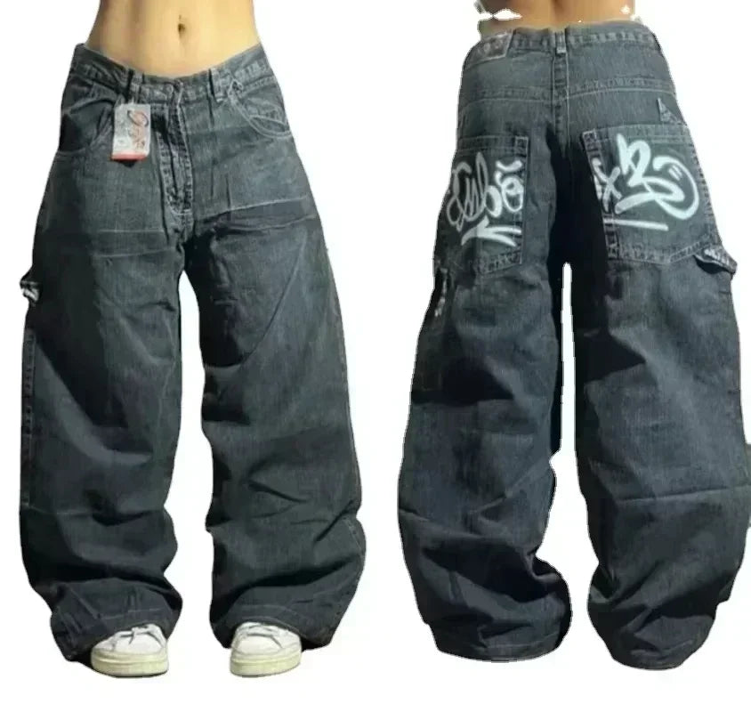 Pantalones vaqueros holgados bordados con letras de tendencia de calle americana para hombre Harajuku Y2K nuevos pantalones de pierna ancha de gran tamaño de Hip Hop pantalones vaqueros para fregar Unisex