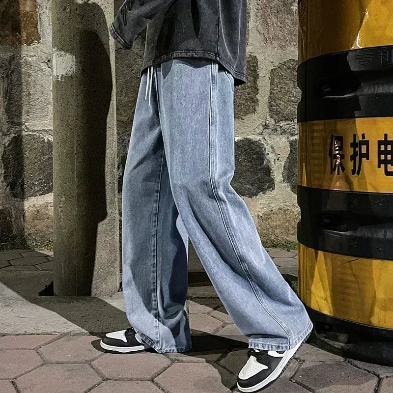 Ropa de calle de buena calidad, pantalones vaqueros sueltos para hombre, moda de estilo coreano, pantalones de pierna ancha rectos sueltos, ropa de marca para hombre, negro, azul claro