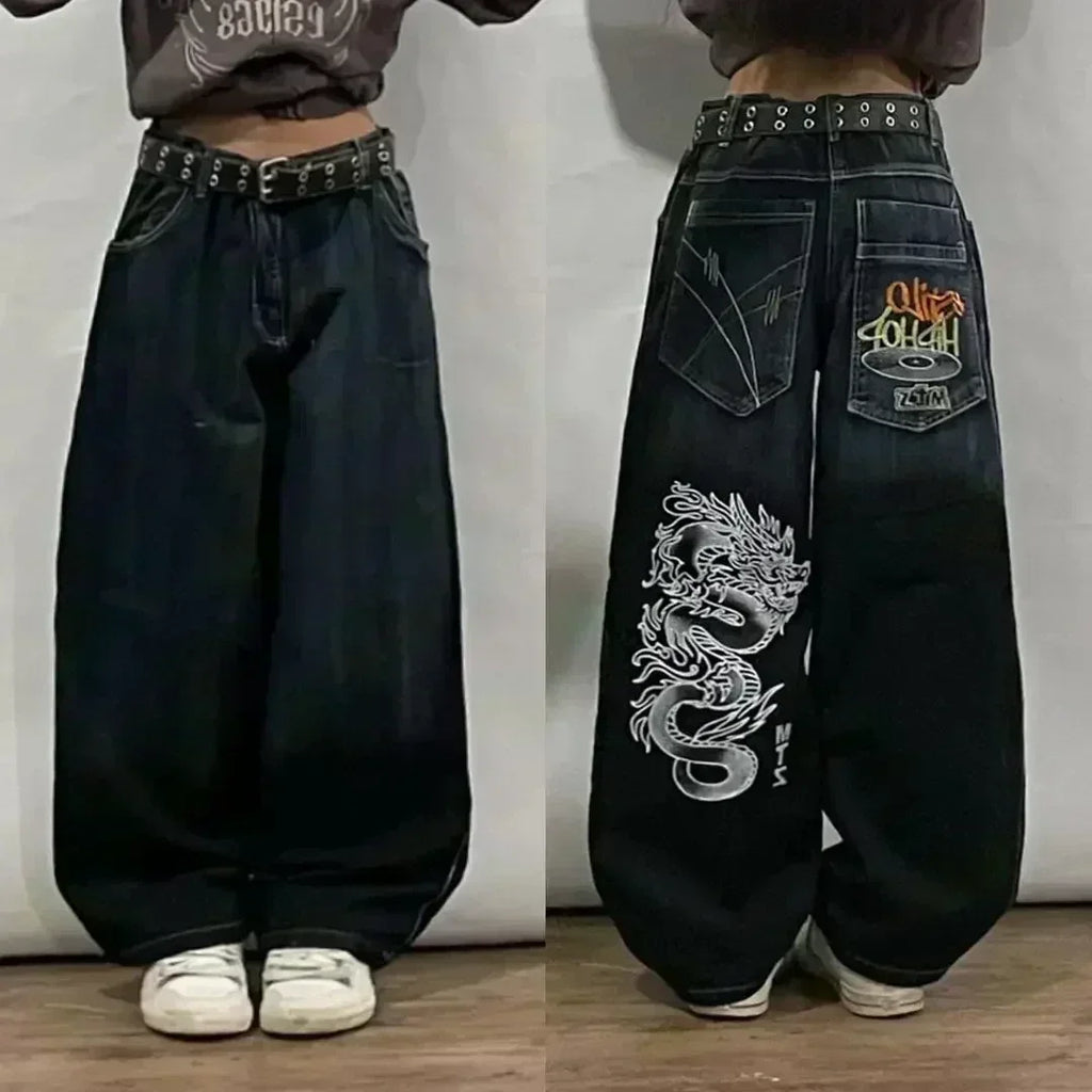 Pantalones vaqueros holgados bordados con letras de tendencia de calle americana para hombre Harajuku Y2K nuevos pantalones de pierna ancha de gran tamaño de Hip Hop pantalones vaqueros para fregar Unisex