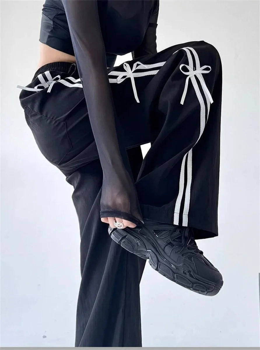 Pantalones de pierna ancha con lazo a rayas laterales Retro para mujer, pantalones deportivos informales de cintura alta, pantalones Cargo Harajuku, ropa de calle, Joggers de Hip Hop