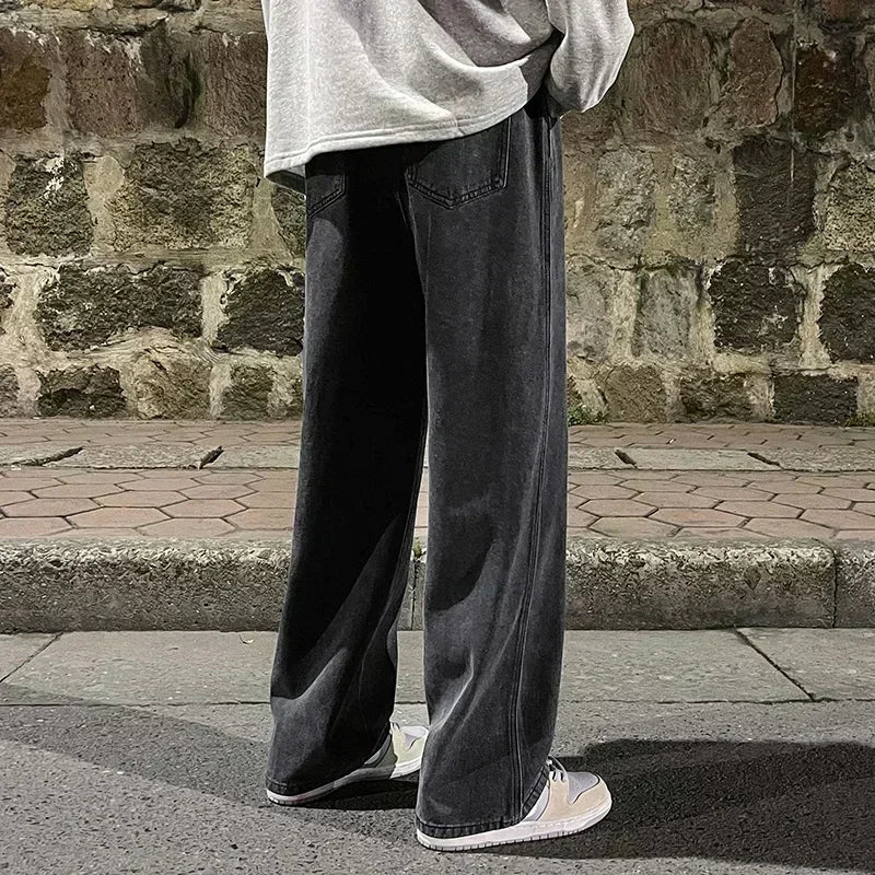 Ropa de calle de buena calidad, pantalones vaqueros sueltos para hombre, moda de estilo coreano, pantalones de pierna ancha rectos sueltos, ropa de marca para hombre, negro, azul claro