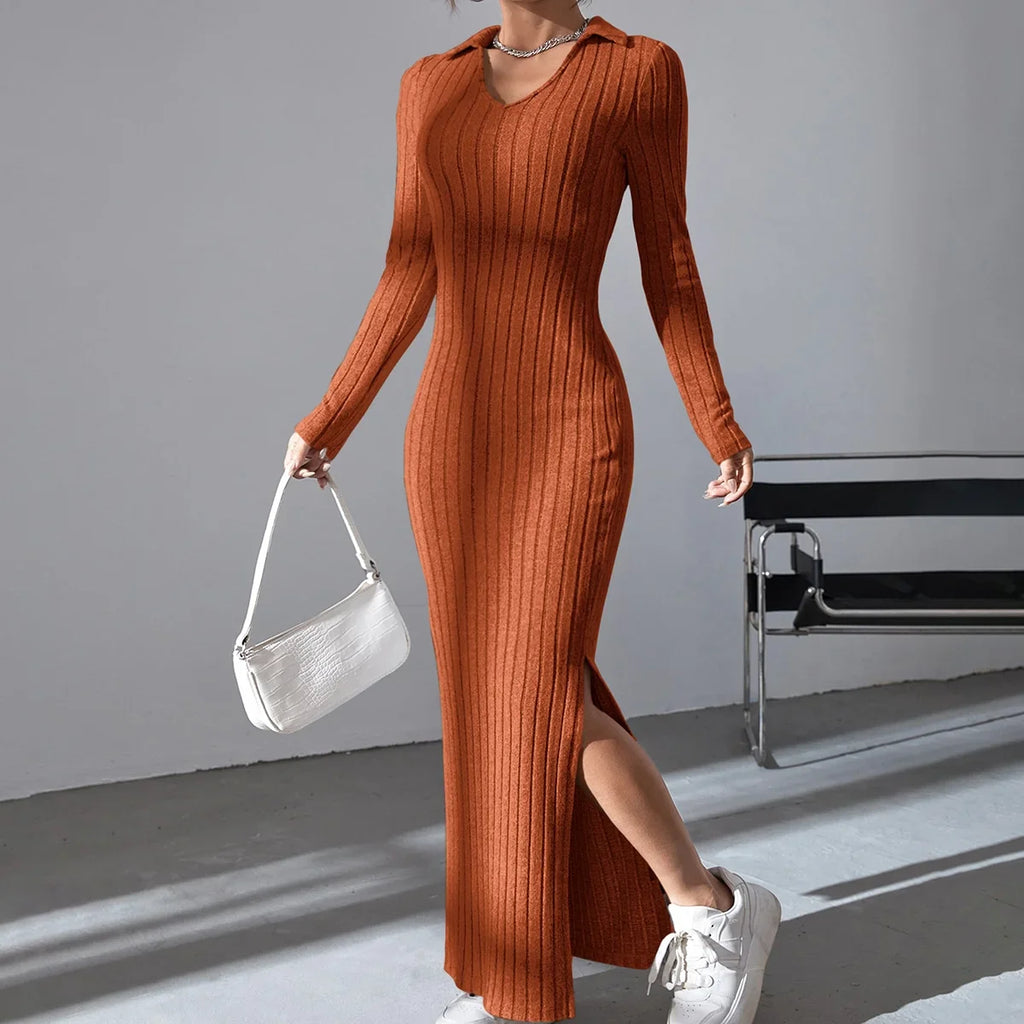 Vestido largo de punto ajustado con solapa y manga larga para Otoño/Invierno 2025