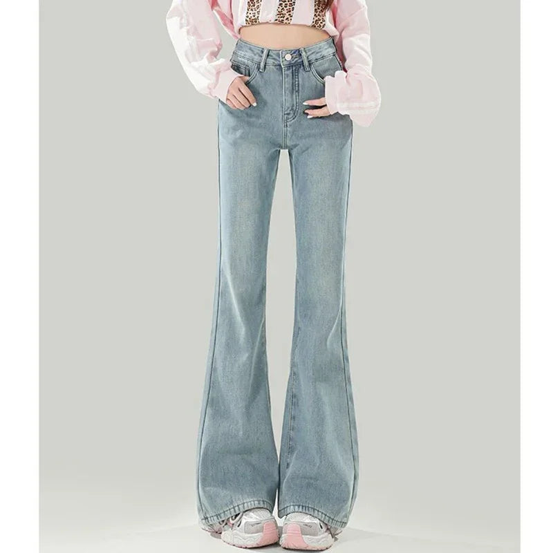 Ropa de calle femenina, pantalones vaqueros Retro de cintura baja, pantalones finos a la moda con parte inferior acampanada, pantalones vaqueros holgados coreanos para mujer