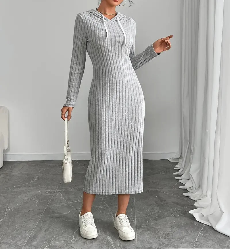 Vestido de punto acanalado de manga larga con capucha estilo casual para mujer - Vestido ajustado de longitud media y favorecedor de figuras de otoño 2025