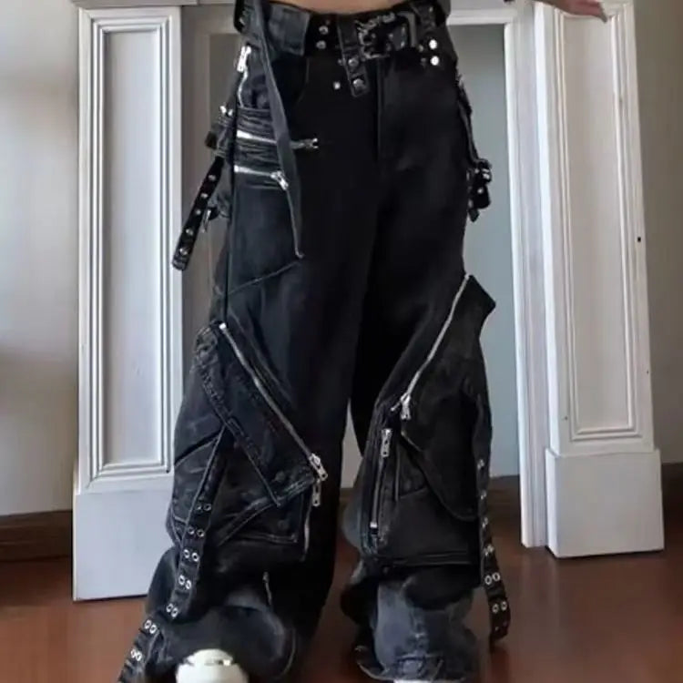 Vaqueros negros góticos Punk con múltiples bolsillos y cremallera para hombre y mujer, Vaqueros holgados de pierna ancha informales Vintage a la moda americana Y2K