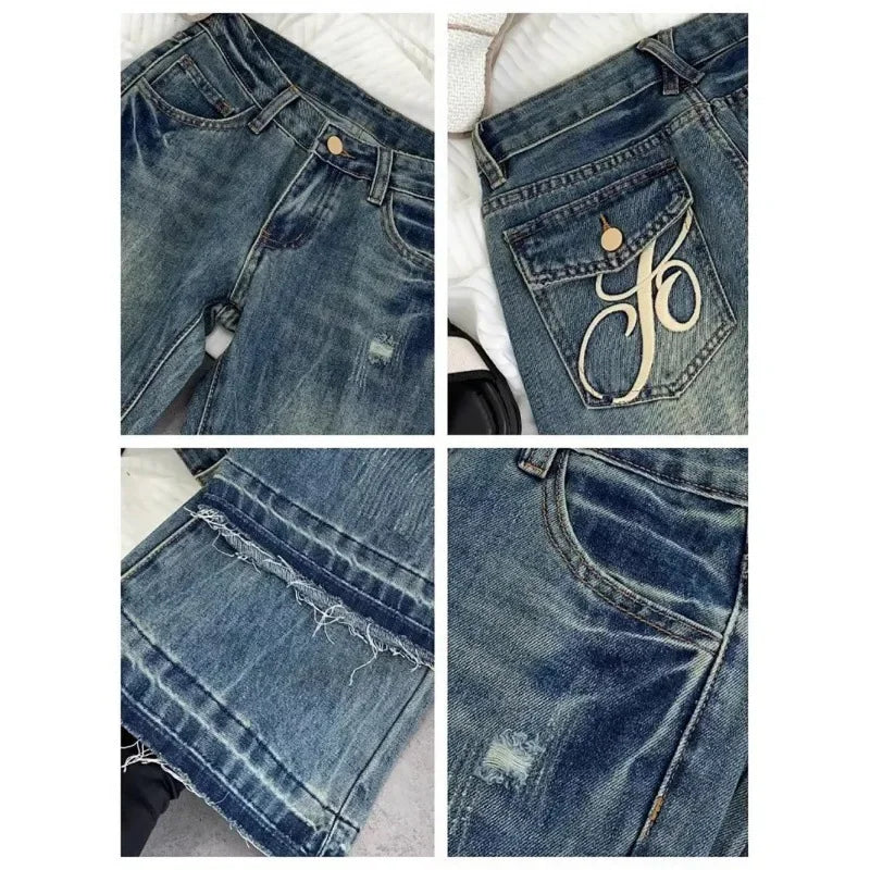 Vaqueros retro americanos de cintura baja para mujer, novedad de otoño, bordado, moda informal antigua, temperamento, pantalones ajustados con campana del Joker.