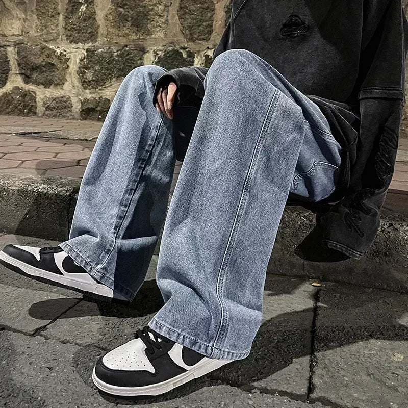Ropa de calle de buena calidad, pantalones vaqueros sueltos para hombre, moda de estilo coreano, pantalones de pierna ancha rectos sueltos, ropa de marca para hombre, negro, azul claro