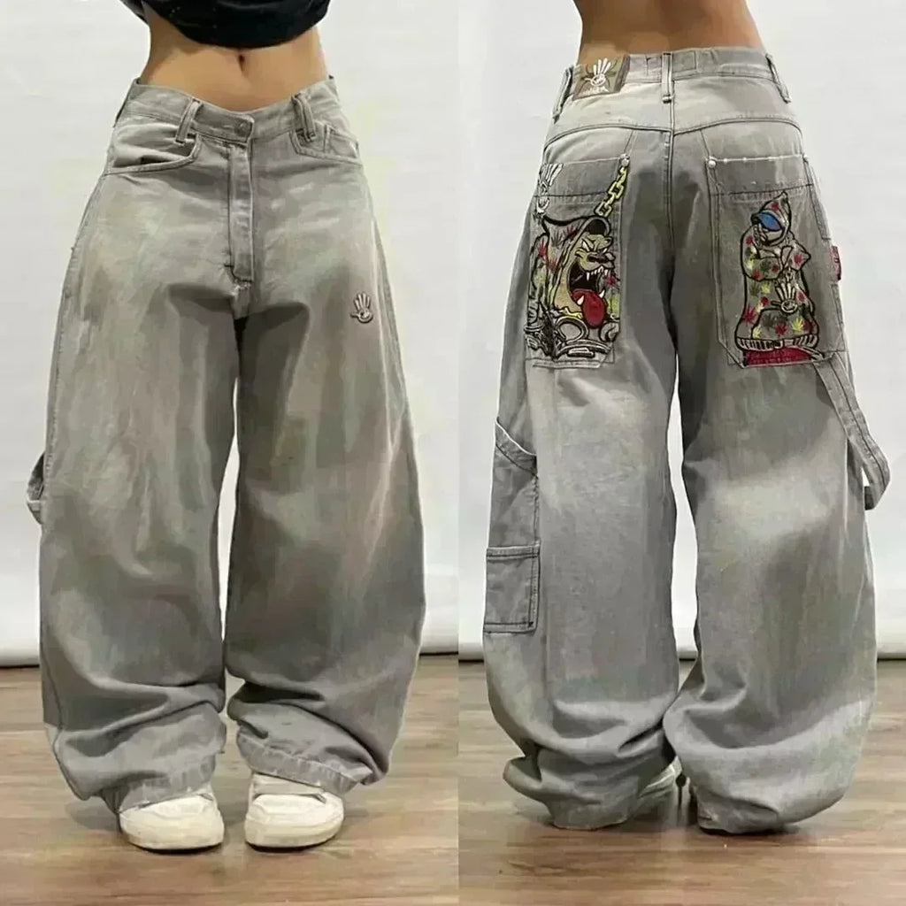 Pantalones vaqueros holgados bordados con letras de tendencia de calle americana para hombre Harajuku Y2K nuevos pantalones de pierna ancha de gran tamaño de Hip Hop pantalones vaqueros para fregar Unisex
