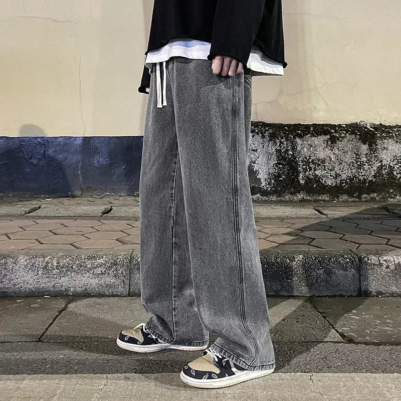 Ropa de calle de buena calidad, pantalones vaqueros sueltos para hombre, moda de estilo coreano, pantalones de pierna ancha rectos sueltos, ropa de marca para hombre, negro, azul claro