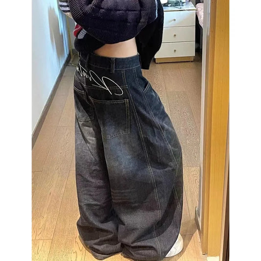 Pantalones vaqueros negros para mujer, cintura alta, diseño Vintage, Hip Hop, rectos, holgados, estilo callejero Y2K, pantalones vaqueros de pierna ancha de estilo americano
