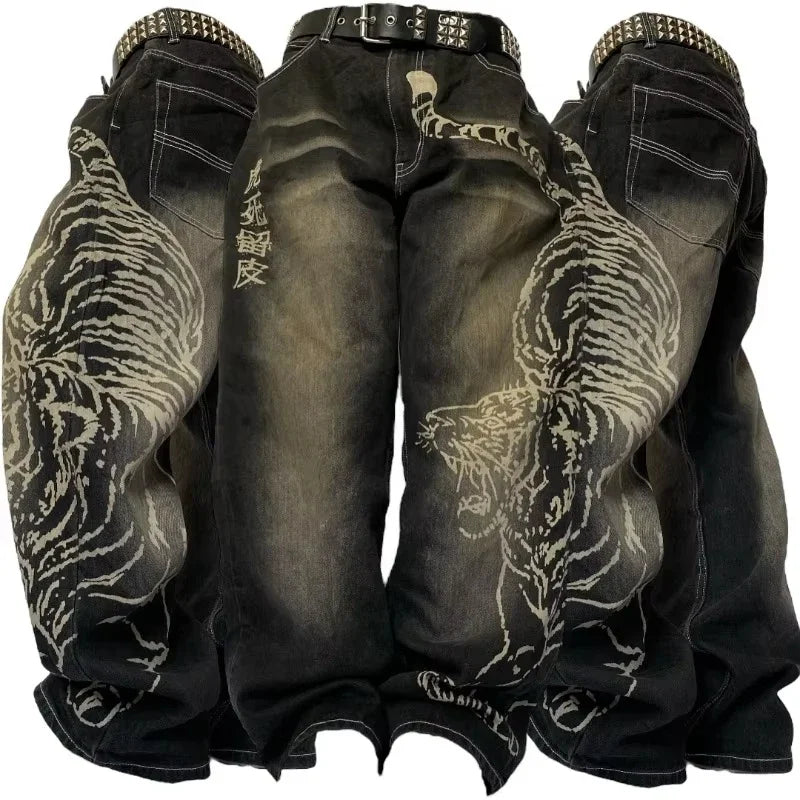 Vaqueros con estampado gótico Retro de Hip Hop americano para mujer Y2K, nueva venta de calle, pantalones de pierna ancha rectos sueltos, pantalones vaqueros Joker Unisex
