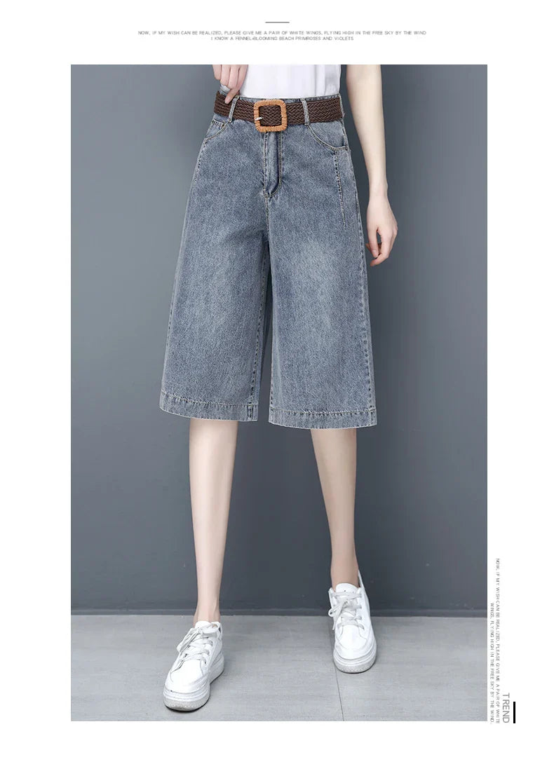 Plones vaqueros de pierna ancha de cintura alta para mujer, novedad de verano, estilo fino, cinco-siete, sueltos, adeaz...