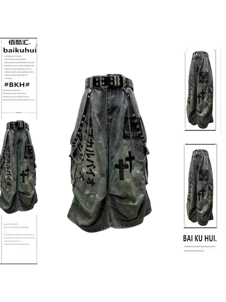 Verano Mujer Goblin Core Cross Denim Jorts Shorts Y2k hasta la pantorrilla Jean pantalones Trashy Y2K Abi japonés Cyber Punk Grunge Unisex