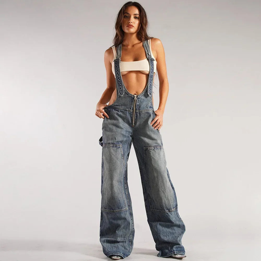 Monos vaqueros para mujer, monos sexys con espalda descubierta Vintage, Pantalones rectos de mezclilla de longitud completa, bolsillos sueltos, desgastados, lavados, informales