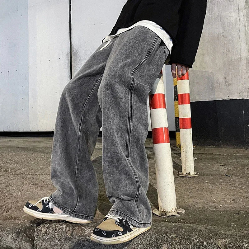 Ropa de calle de buena calidad, pantalones vaqueros sueltos para hombre, moda de estilo coreano, pantalones de pierna ancha rectos sueltos, ropa de marca para hombre, negro, azul claro