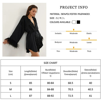 Albornoces de plumas de satén, minivestido Sexy de manga larga, batas holgadas para mujer, bata blanca, vestido de novia, vestidos de novia negros
