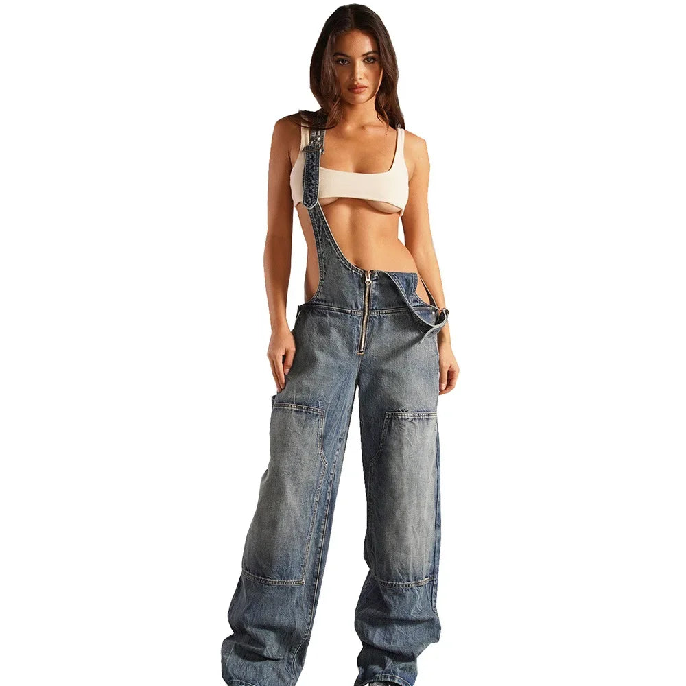 Monos vaqueros para mujer, monos sexys con espalda descubierta Vintage, Pantalones rectos de mezclilla de longitud completa, bolsillos sueltos, desgastados, lavados, informales