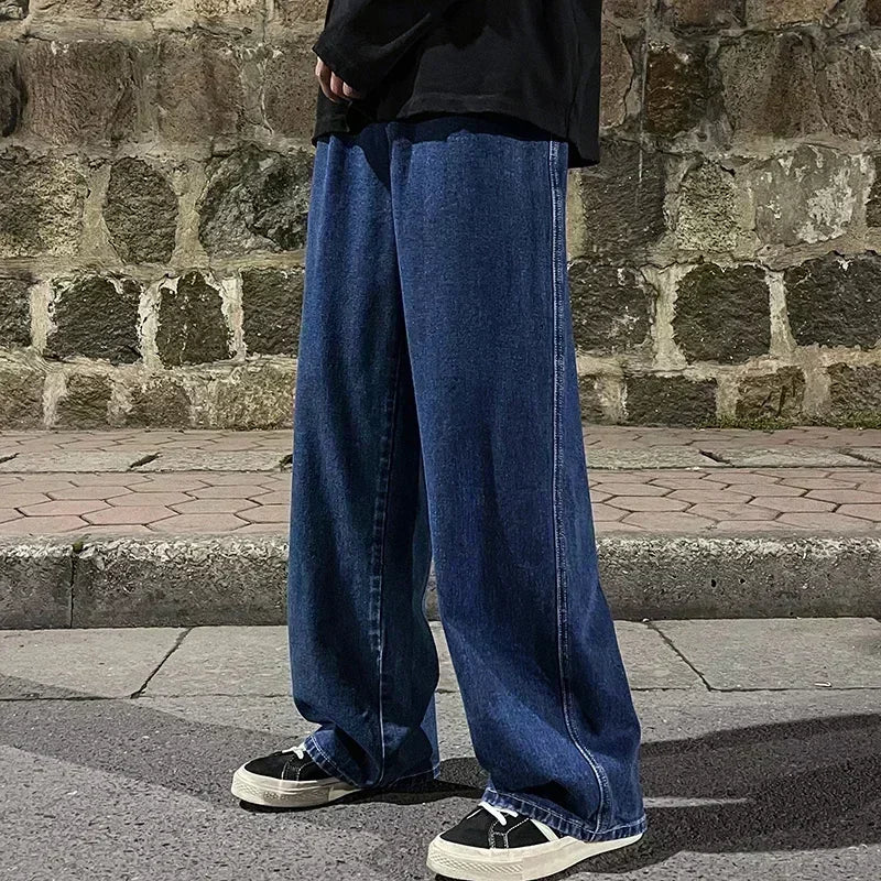 Ropa de calle de buena calidad, pantalones vaqueros sueltos para hombre, moda de estilo coreano, pantalones de pierna ancha rectos sueltos, ropa de marca para hombre, negro, azul claro