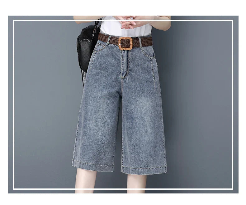 Plones vaqueros de pierna ancha de cintura alta para mujer, novedad de verano, estilo fino, cinco-siete, sueltos, adeaz...