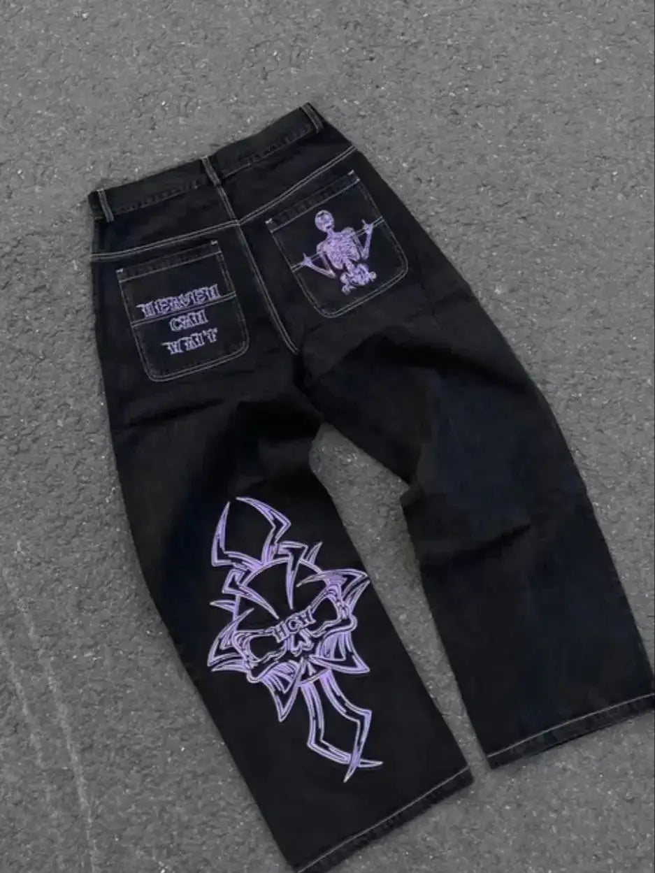 Vaqueros Vintage Y2K para hombre y mujer, ropa gótica de Hip Hop con bolsillo bordado, Vaqueros holgados Retro Azul, pantalones acampanados ajustados de cintura alta