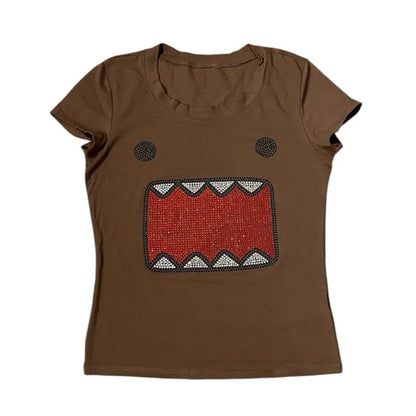 2025 verano nuevas mujeres Y2K chica Retro Hot Fix aplicación de diamantes de imitación cuello redondo Top camiseta divertida Vintage Tama Jun Top
