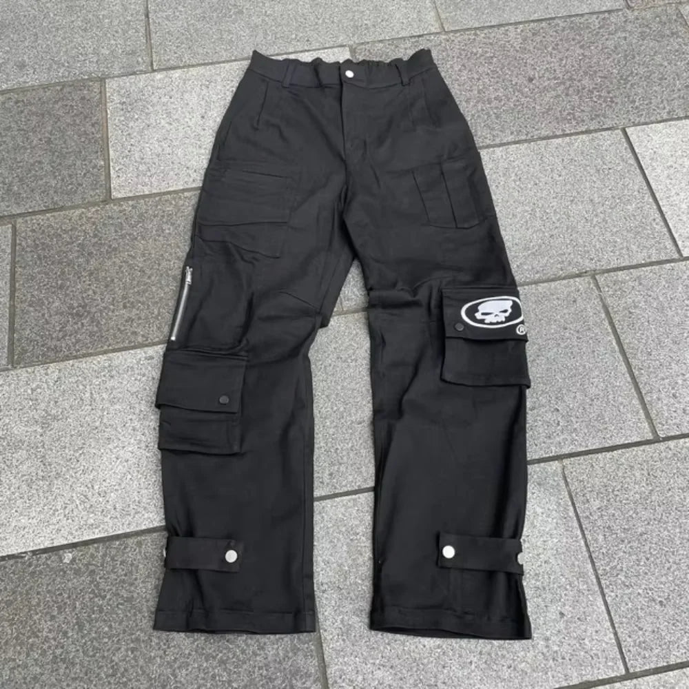 Vaqueros Vintage Y2K para hombre y mujer, ropa gótica de Hip Hop con bolsillo bordado, Vaqueros holgados Retro Azul, pantalones acampanados ajustados de cintura alta