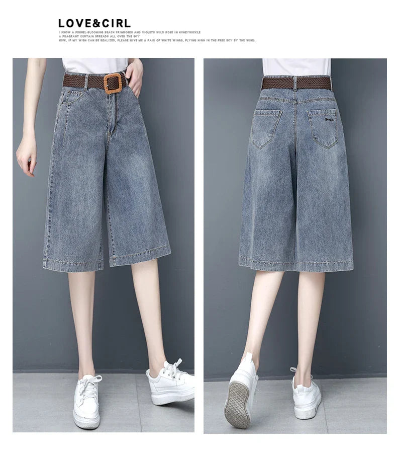 Plones vaqueros de pierna ancha de cintura alta para mujer, novedad de verano, estilo fino, cinco-siete, sueltos, adeaz...