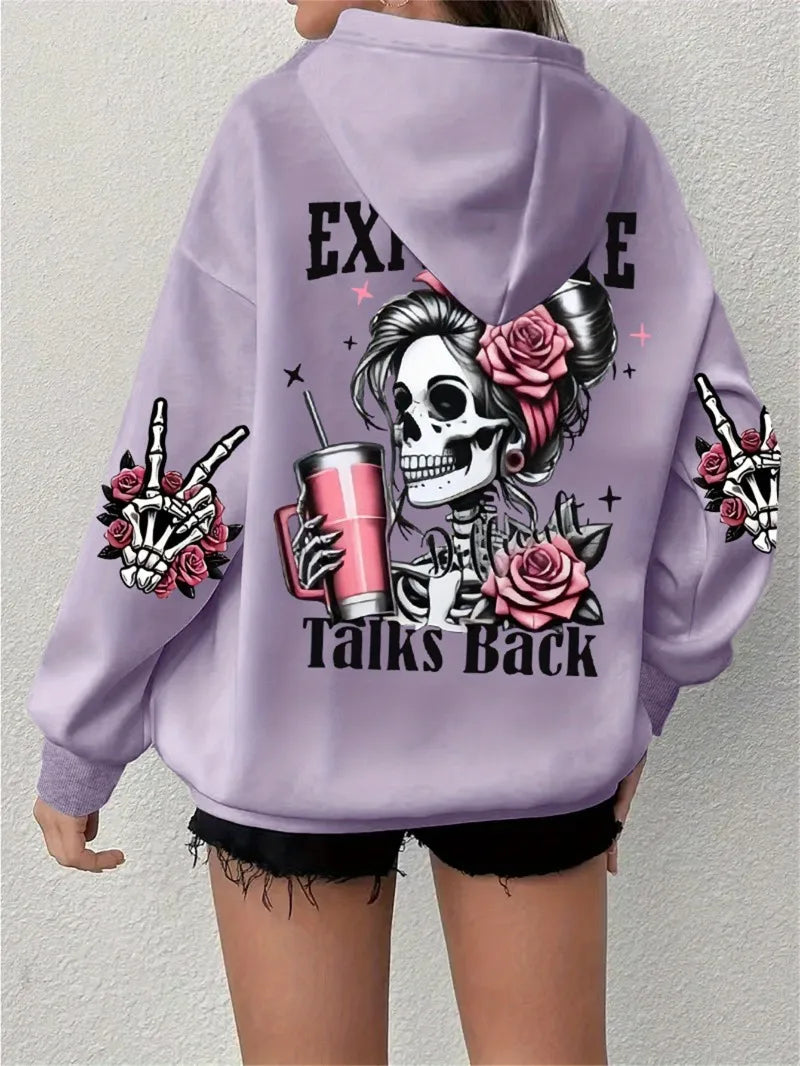 2025 Ropa deportiva de gran tamaño popular para otoño e invierno, sudadera con capucha de manga larga con estampado de calavera