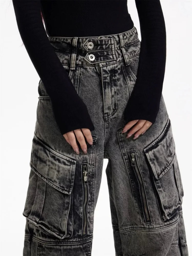 Trashy Y2K 2000S ropa de calle Vintage gris holgado plisado pantalones vaqueros Cargo para mujer ropa Multi bolsillos pantalones de pierna ancha para mujer