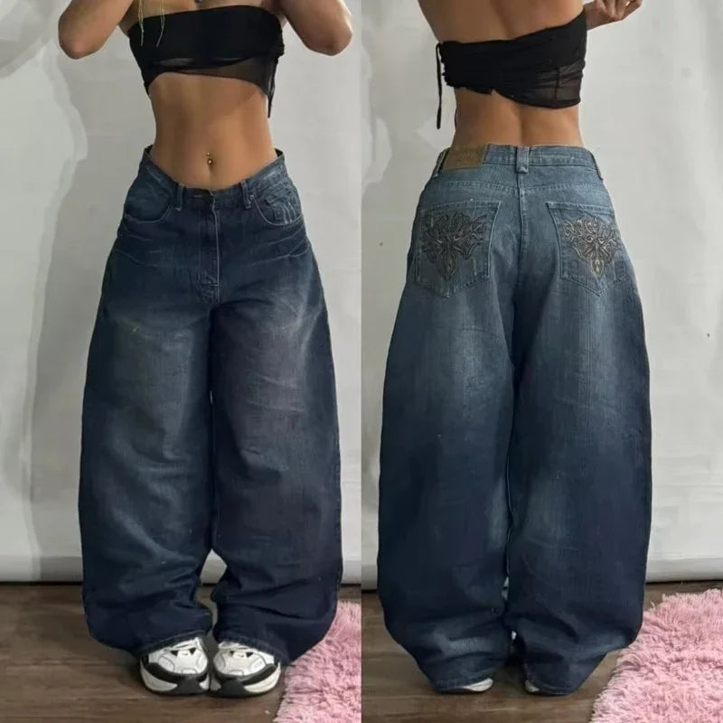 Vaqueros con estampado gótico Retro de Hip Hop americano para mujer Y2K, nueva venta de calle, pantalones de pierna ancha rectos sueltos, pantalones vaqueros Joker Unisex