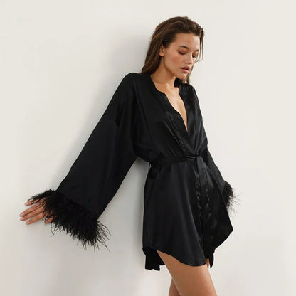 Albornoces de plumas de satén, minivestido Sexy de manga larga, batas holgadas para mujer, bata blanca, vestido de novia, vestidos de novia negros