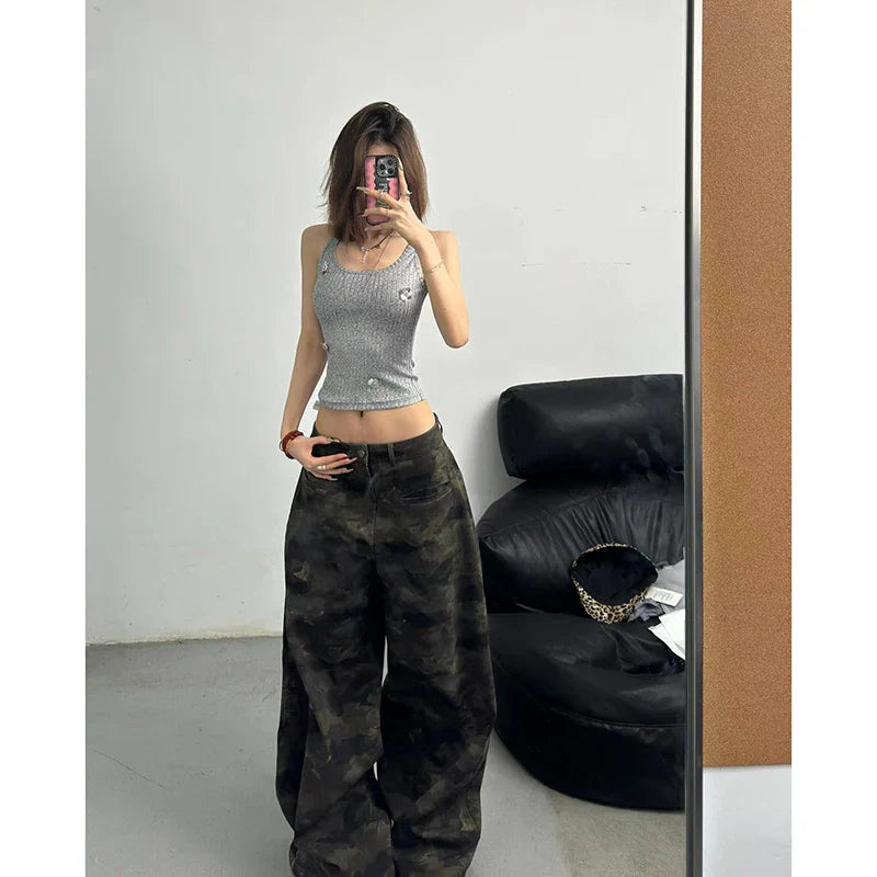 Pantalones vaqueros holgados de cintura alta para mujer, Pantalón recto de camuflaje Vintage Y2K, Pantalón vaquero de pierna ancha americano callejero, otoño 2024