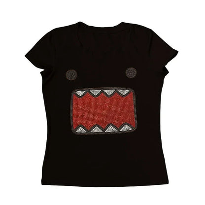 2025 verano nuevas mujeres Y2K chica Retro Hot Fix aplicación de diamantes de imitación cuello redondo Top camiseta divertida Vintage Tama Jun Top