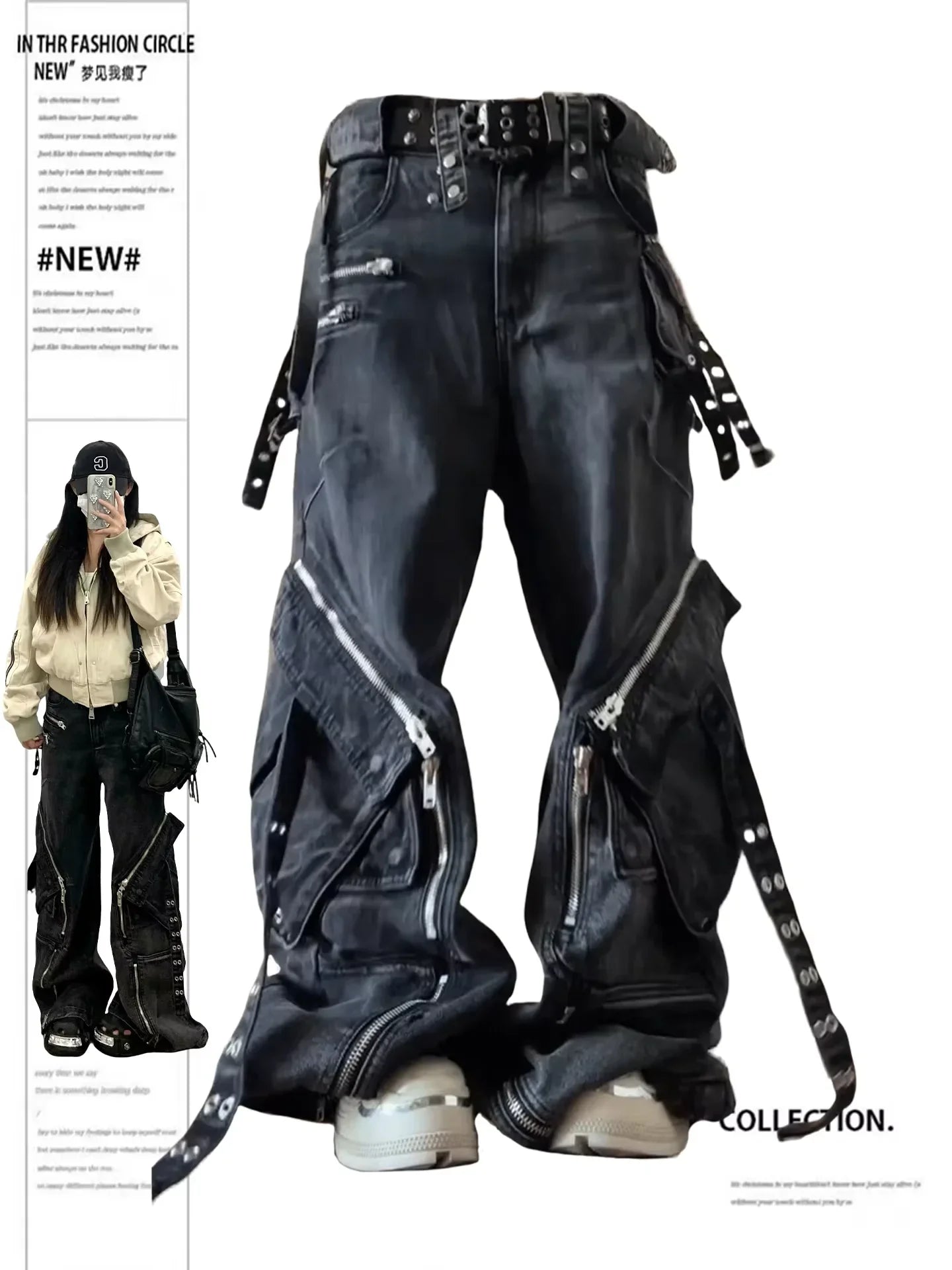 Vaqueros negros góticos Punk con múltiples bolsillos y cremallera para hombre y mujer, Vaqueros holgados de pierna ancha informales Vintage a la moda americana Y2K