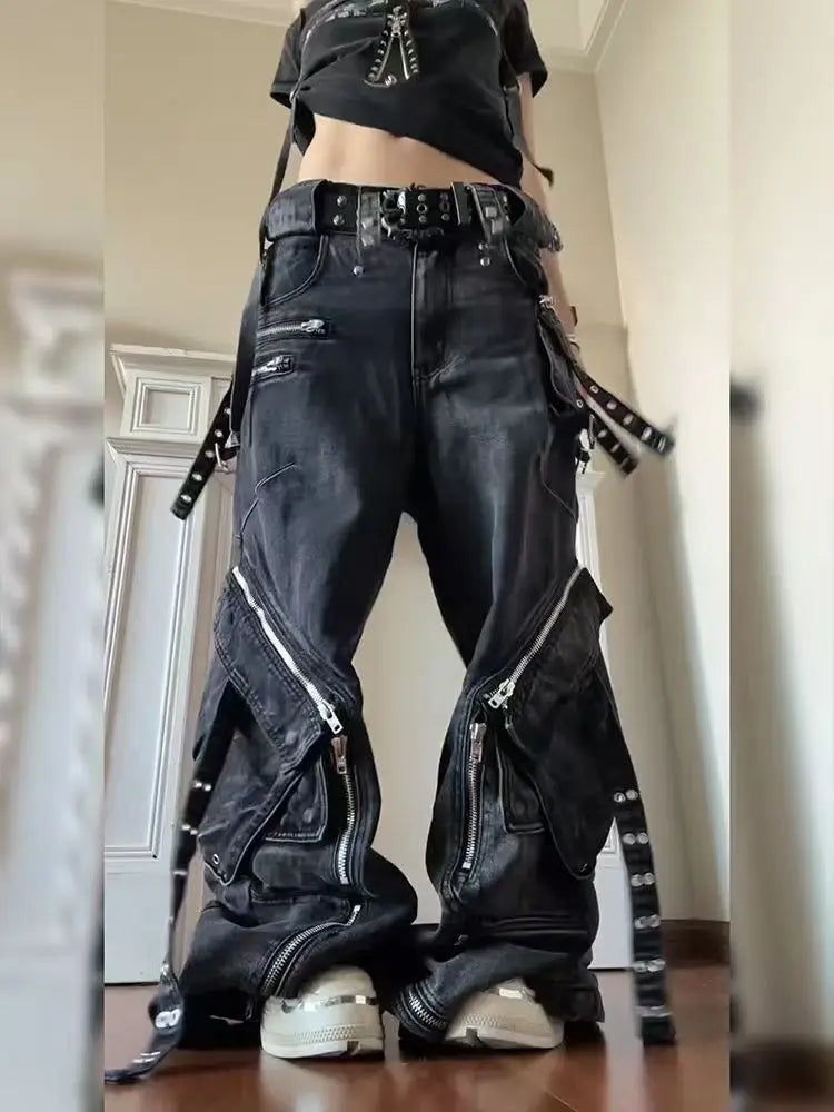 Vaqueros negros góticos Punk con múltiples bolsillos y cremallera para hombre y mujer, Vaqueros holgados de pierna ancha informales Vintage a la moda americana Y2K