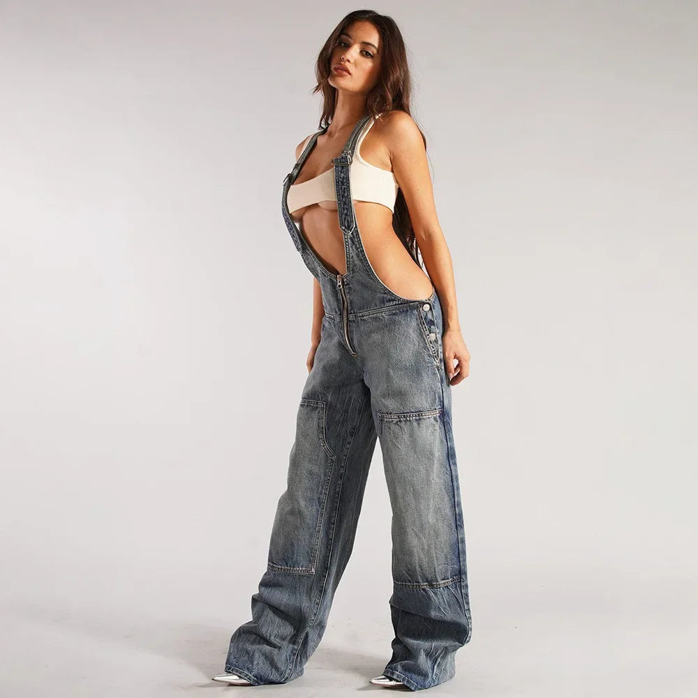 Monos vaqueros para mujer, monos sexys con espalda descubierta Vintage, Pantalones rectos de mezclilla de longitud completa, bolsillos sueltos, desgastados, lavados, informales