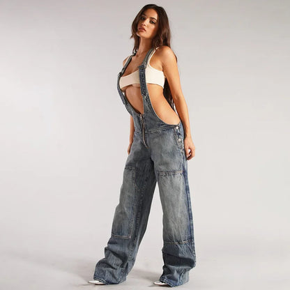 Monos vaqueros para mujer, monos sexys con espalda descubierta Vintage, Pantalones rectos de mezclilla de longitud completa, bolsillos sueltos, desgastados, lavados, informales