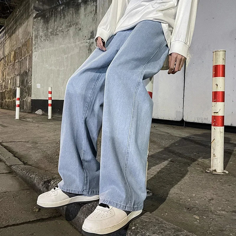 Ropa de calle de buena calidad, pantalones vaqueros sueltos para hombre, moda de estilo coreano, pantalones de pierna ancha rectos sueltos, ropa de marca para hombre, negro, azul claro