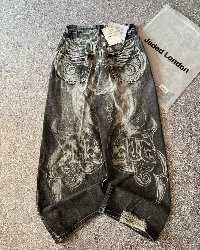 Vaqueros con estampado gótico Retro de Hip Hop americano para mujer Y2K, nueva venta de calle, pantalones de pierna ancha rectos sueltos, pantalones vaqueros Joker Unisex