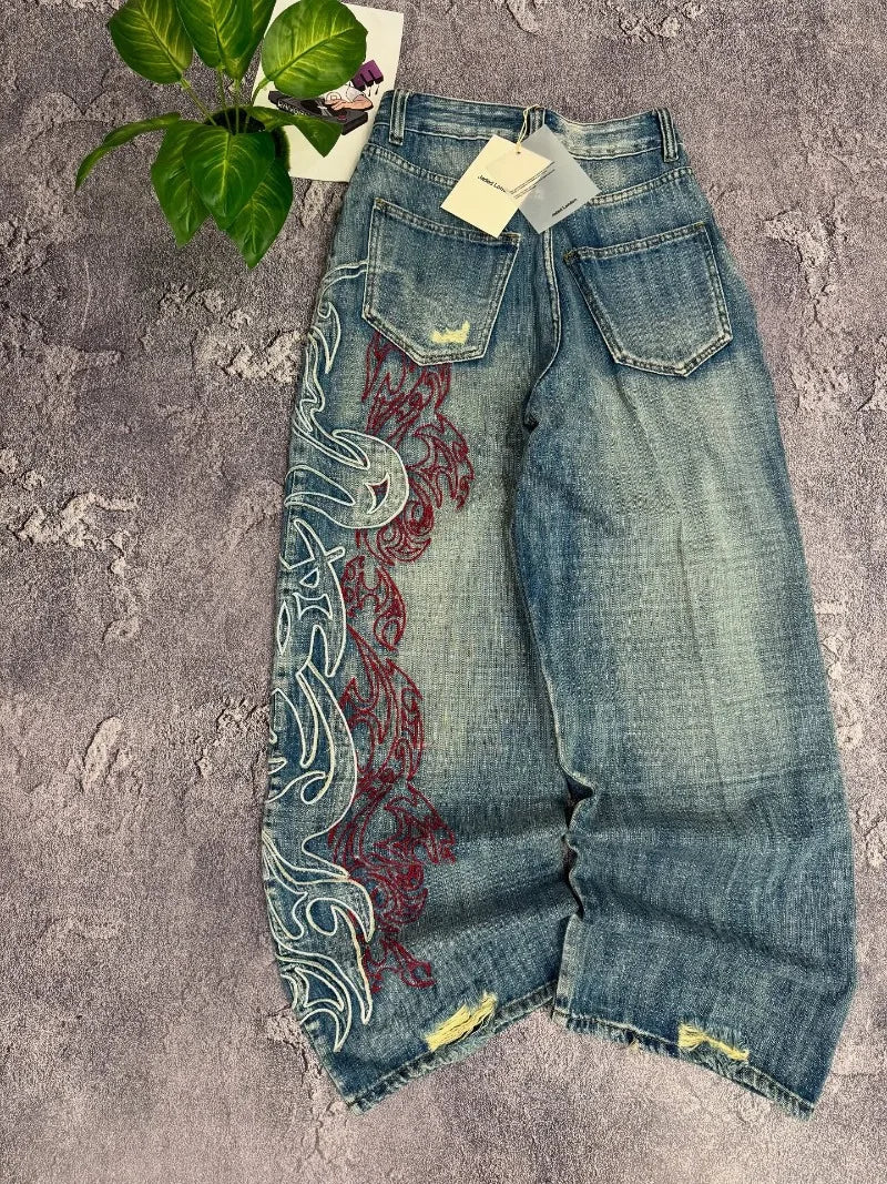 Ropa de calle, nueva moda, diseño grande, pantalones vaqueros holgados bordados para mujer Y2K Rock Hip Hop Retro Popular Casual, pantalones de pierna ancha de cintura alta