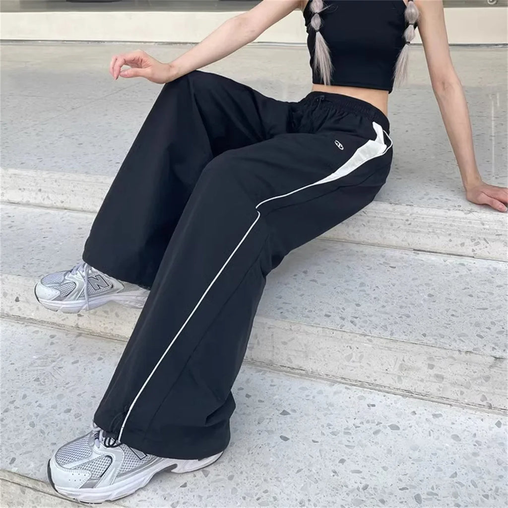 Pantalones de pierna ancha con lazo a rayas laterales Retro para mujer, pantalones deportivos informales de cintura alta, pantalones Cargo Harajuku, ropa de calle, Joggers de Hip Hop