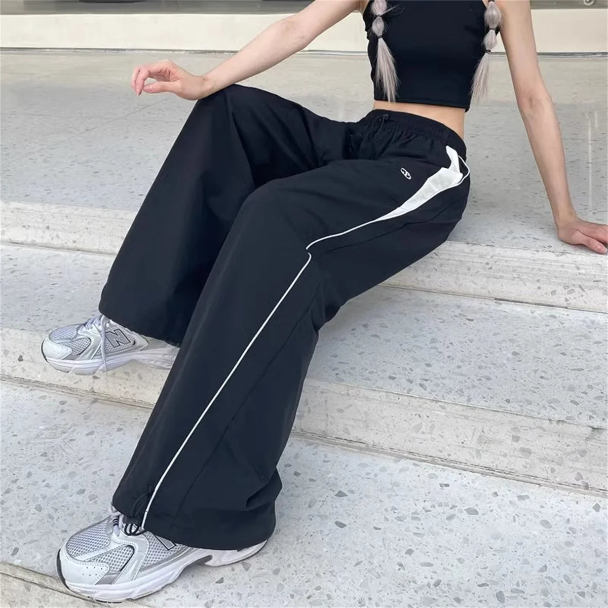 Pantalones de pierna ancha con lazo a rayas laterales Retro para mujer, pantalones deportivos informales de cintura alta, pantalones Cargo Harajuku, ropa de calle, Joggers de Hip Hop