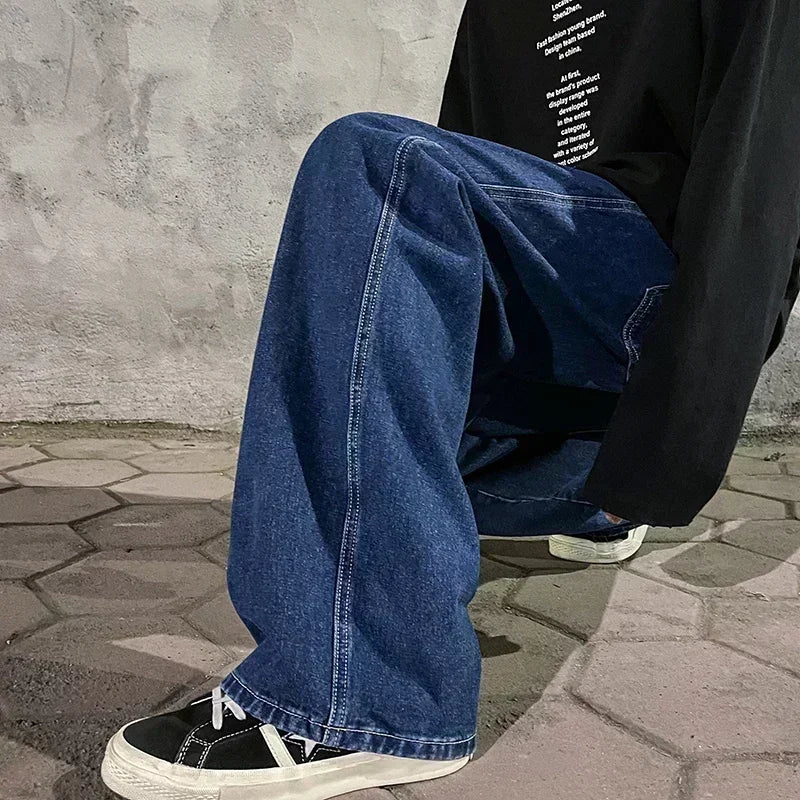 Ropa de calle de buena calidad, pantalones vaqueros sueltos para hombre, moda de estilo coreano, pantalones de pierna ancha rectos sueltos, ropa de marca para hombre, negro, azul claro