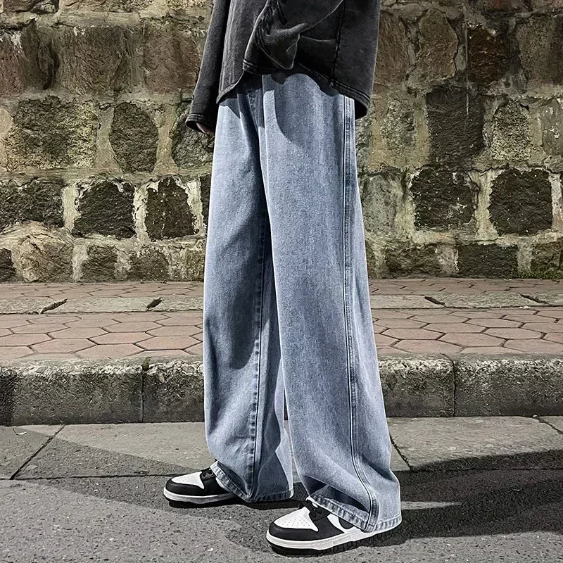 Ropa de calle de buena calidad, pantalones vaqueros sueltos para hombre, moda de estilo coreano, pantalones de pierna ancha rectos sueltos, ropa de marca para hombre, negro, azul claro