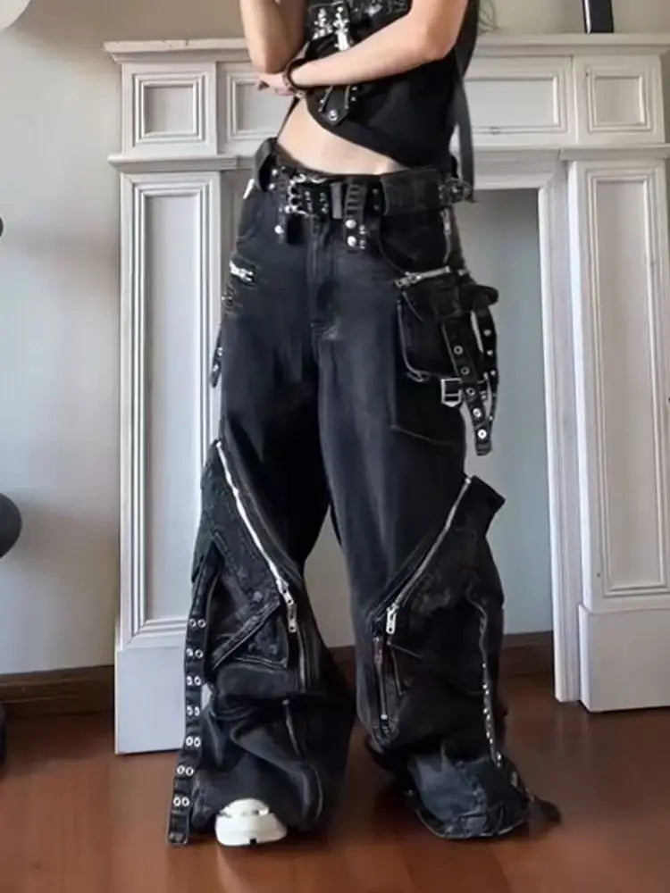 Vaqueros negros góticos Punk con múltiples bolsillos y cremallera para hombre y mujer, Vaqueros holgados de pierna ancha informales Vintage a la moda americana Y2K