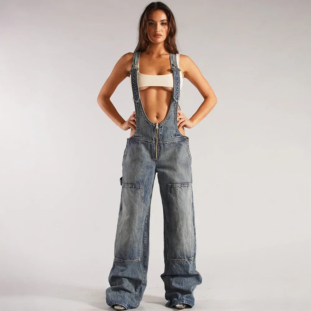 Monos vaqueros para mujer, monos sexys con espalda descubierta Vintage, Pantalones rectos de mezclilla de longitud completa, bolsillos sueltos, desgastados, lavados, informales